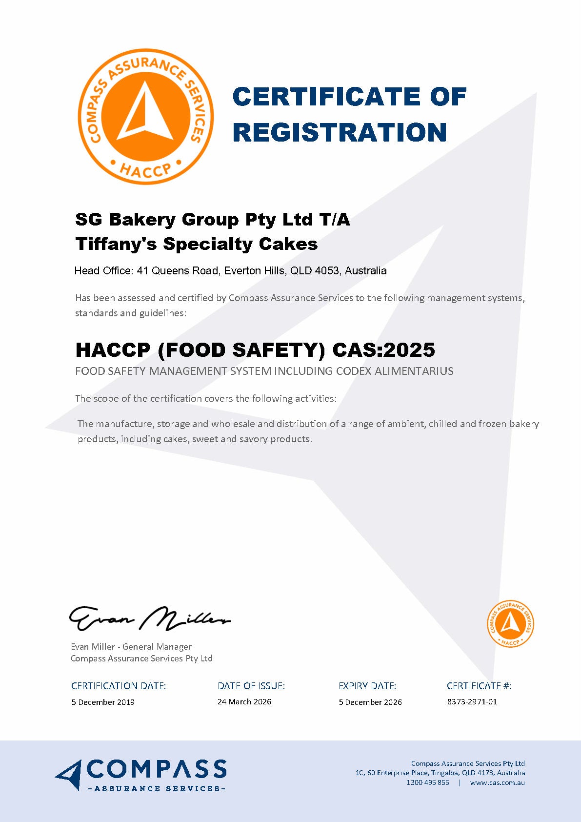 Tiffany's Specialty Cakes HACCP Certificate 2026